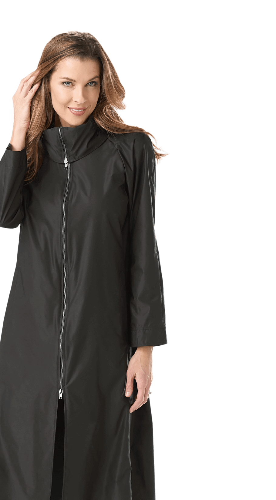 Model wearing Janska black full zip trench coat