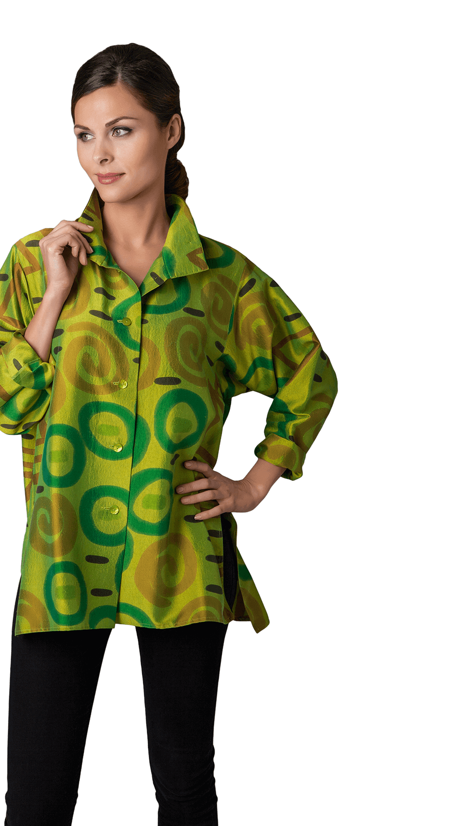 Model wearing hand-painted blouse by Kay Chapman